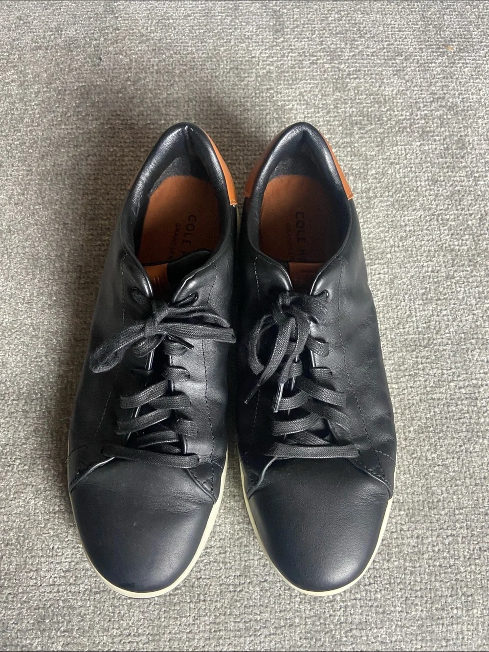 Cole Haan Black Leather Lace-Up Sneakers with Tan Heel Accent size 11.5 M